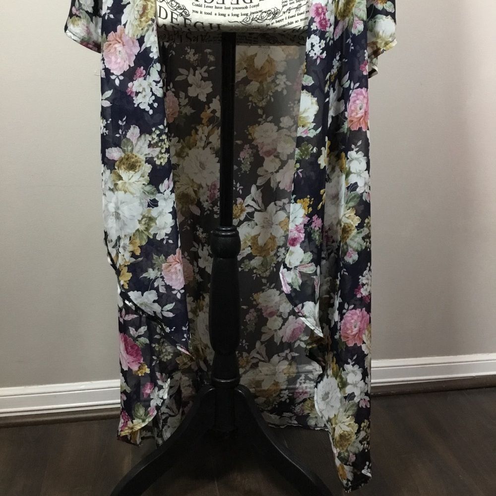 Floral open front black kimono robe duster very long floaty flowy sz 2XL - Picture 3 of 7